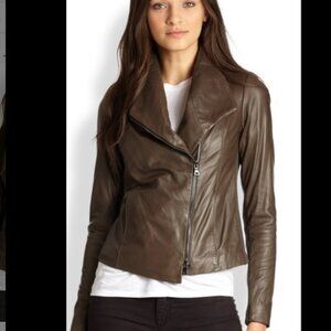 VINCE Brown Leather Scuba Moto Jacket (Women's Medium)